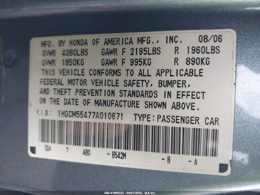 2007 HONDA ACCORD SDN VIN: 1HGCM55477A010671