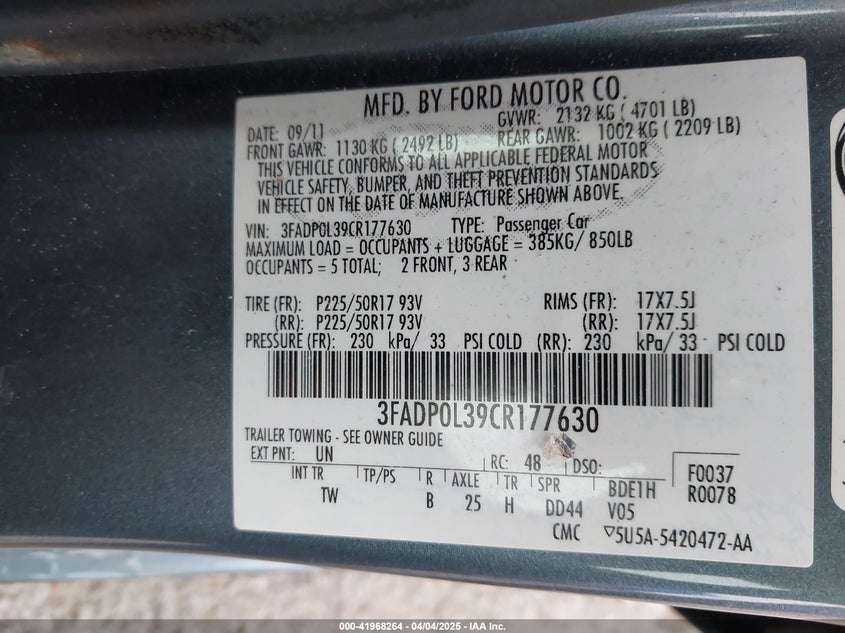 2012 FORD FUSION HYBRID VIN: 3FADP0L39CR177630