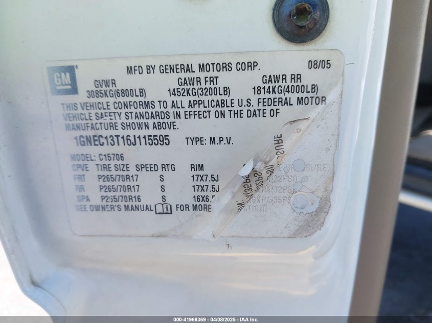 2006 Chevrolet Tahoe Lt VIN: 1GNEC13T16J115595 Lot: 41968369