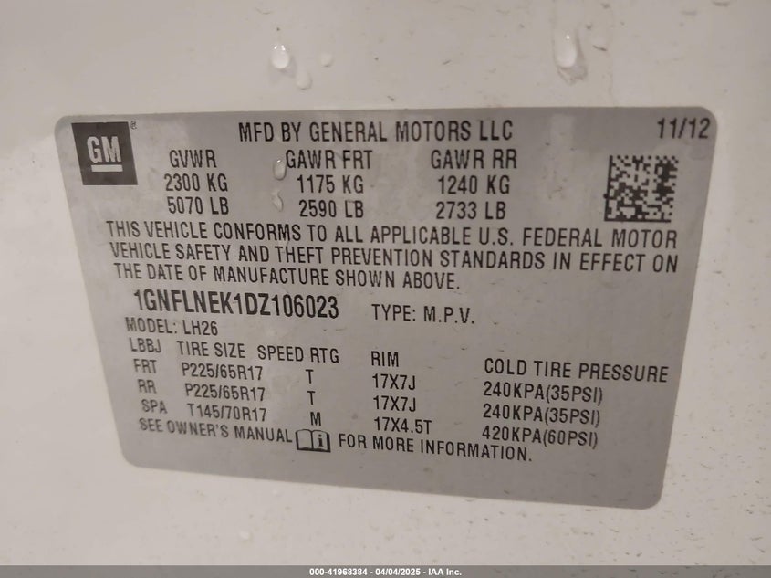 2013 CHEVROLET EQUINOX VIN: 1GNFLNEK1DZ106023