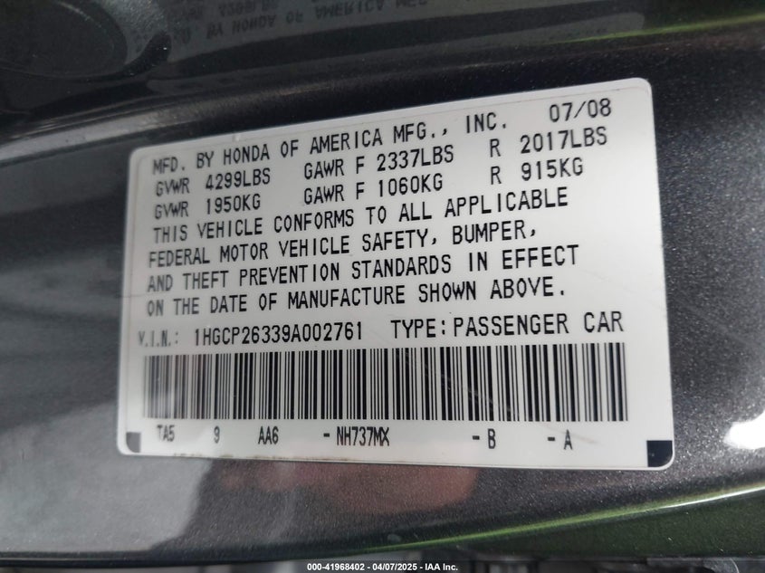 2009 Honda Accord 2.4 Lx VIN: 1HGCP26339A002761 Lot: 47074454