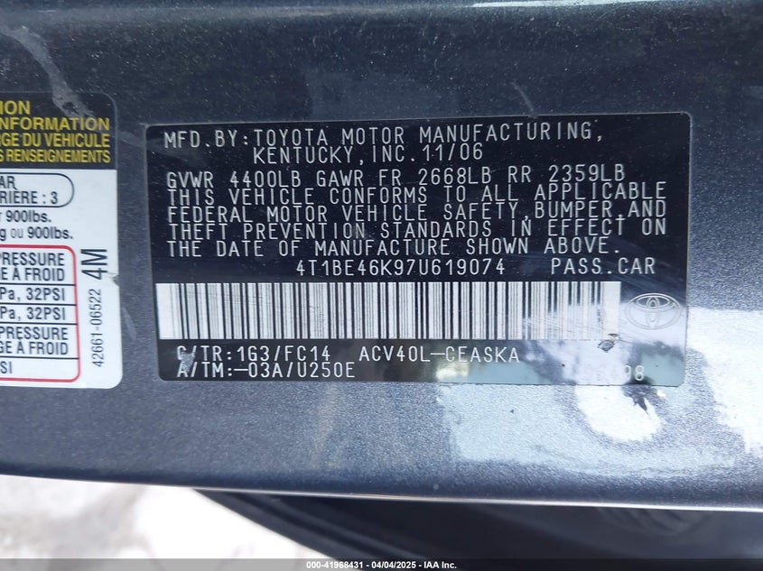 2007 TOYOTA CAMRY VIN: 4T1BE46K97U619074
