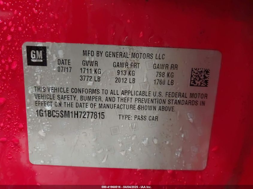 2017 Chevrolet Cruze Ls Auto VIN: 1G1BC5SM1H7277815 Lot: 41968516