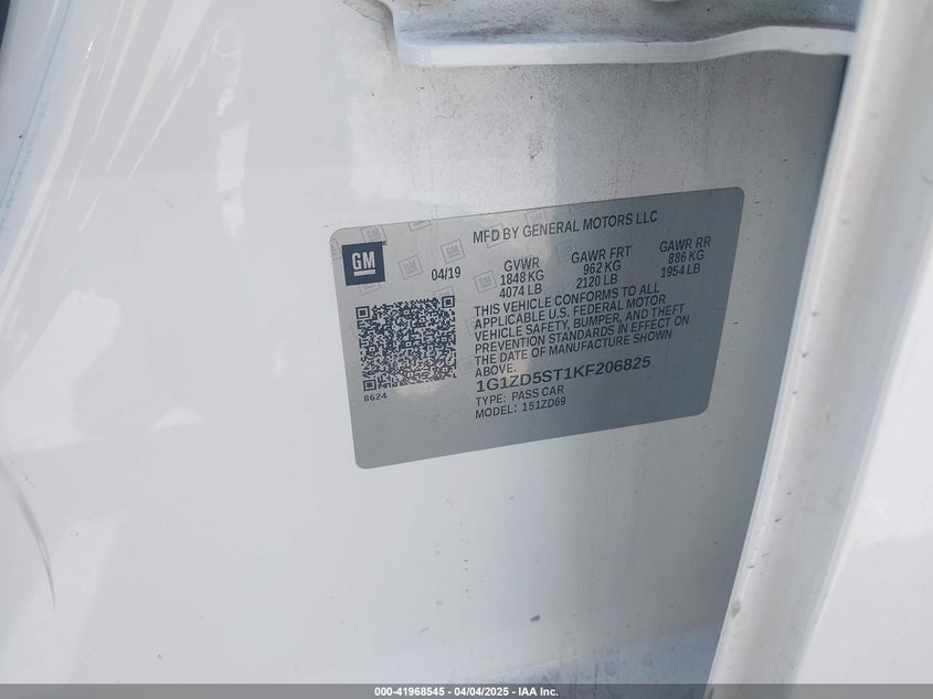 2019 CHEVROLET MALIBU VIN: 1G1ZD5ST1KF206825