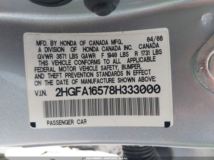 2008 HONDA CIVIC VIN: 2HGFA16578H333000