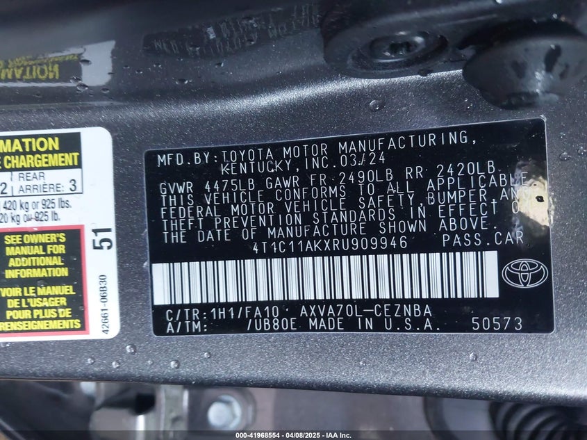 2024 TOYOTA CAMRY VIN: 4T1C11AKXRU909946