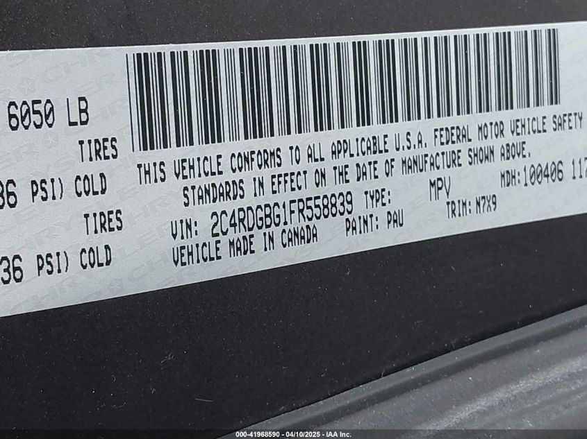 2015 Dodge Grand Caravan Se VIN: 2C4RDGBG1FR558839 Lot: 41968590