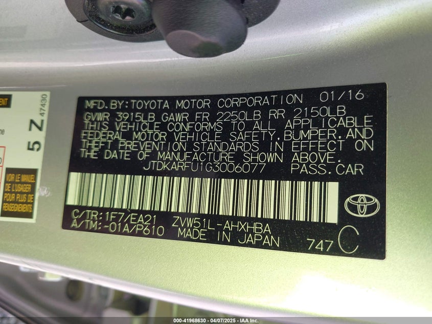 2016 TOYOTA PRIUS VIN: JTDKARFU1G3006077