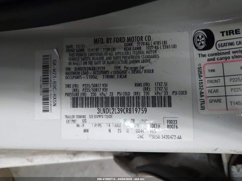 2012 LINCOLN MKZ HYBRID VIN: 3LNDL2L39CR819759