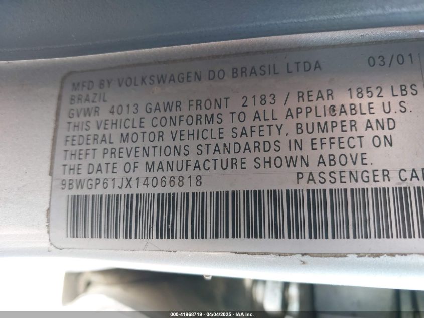 2001 Volkswagen Golf Gls Tdi VIN: 9BWGP61JX14066818 Lot: 41968719