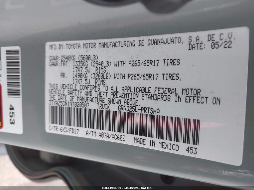 2022 Toyota Tacoma Sr5 V6 VIN: 3TYAZ5CN1NT020507 Lot: 41968739
