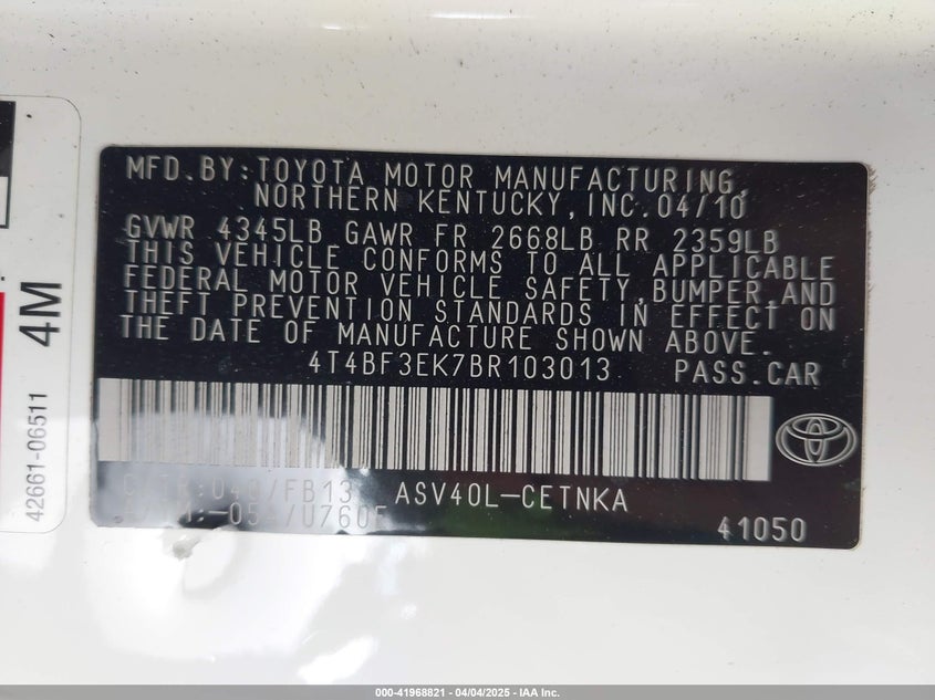2011 TOYOTA CAMRY VIN: 4T4BF3EK7BR103013