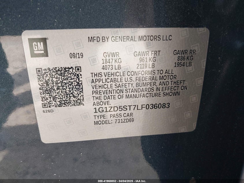 2020 CHEVROLET MALIBU VIN: 1G1ZD5ST7LF036083