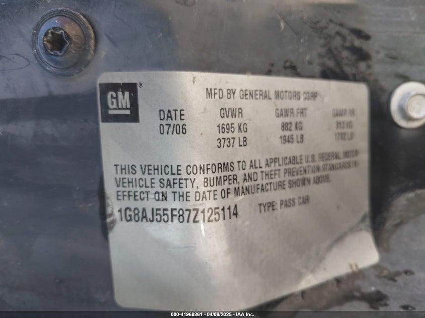2007 SATURN ION VIN: 1G8AJ55F87Z125114
