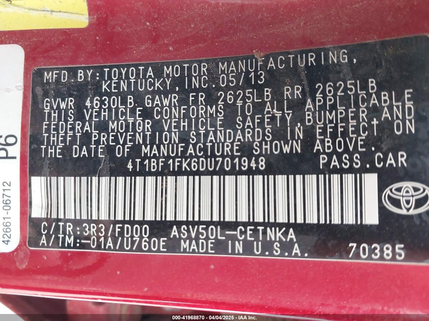 2013 TOYOTA CAMRY VIN: 4T1BF1FK6DU701948