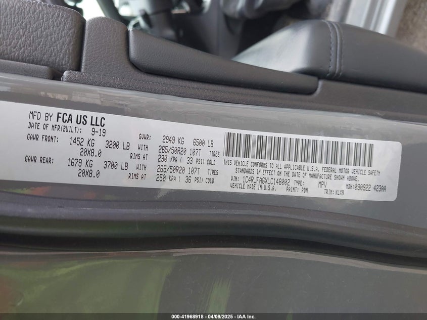 2020 JEEP GRAND CHEROKEE VIN: 1C4RJFAGXLC148002