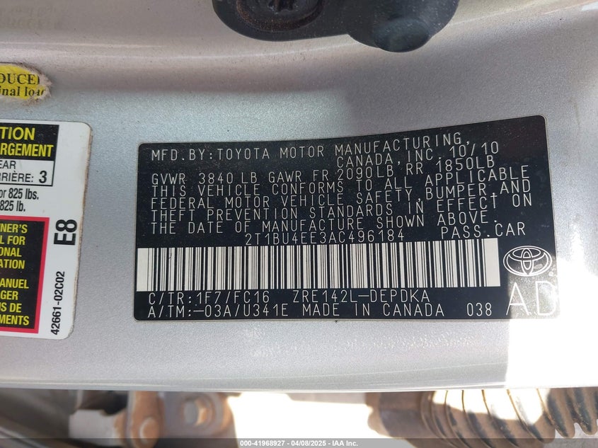 2010 TOYOTA COROLLA VIN: 2T1BU4EE3AC496184