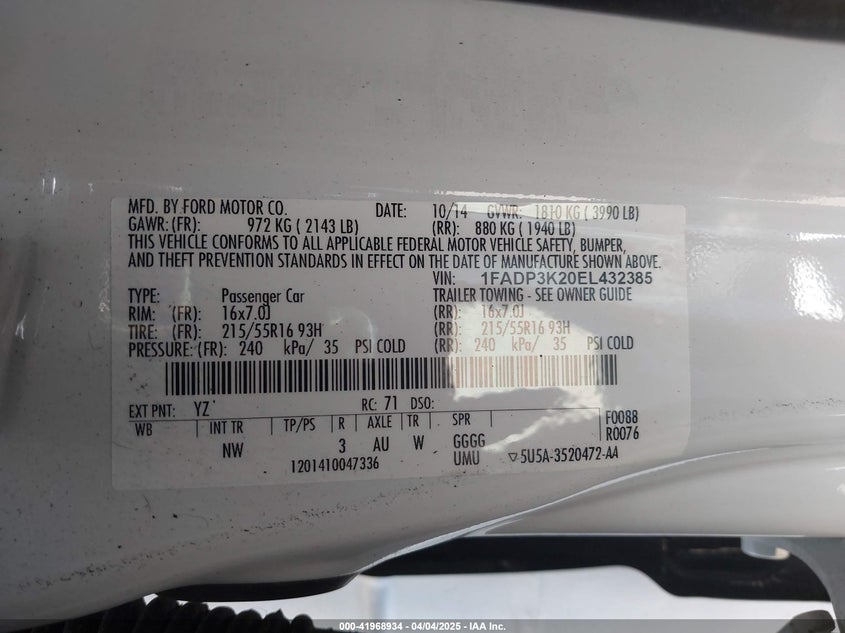 2014 FORD FOCUS VIN: 1FADP3K20EL432385