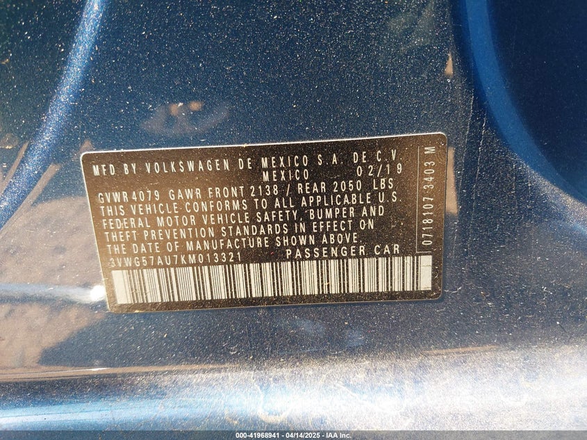 2019 VOLKSWAGEN GOLF 1.4T S/1.4T SE - 3VWG57AU7KM013321