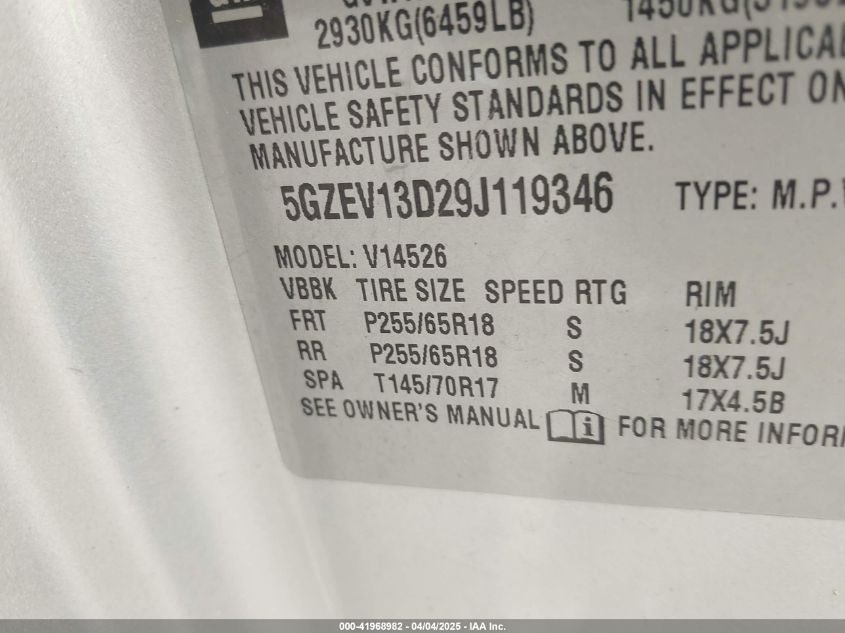 2009 Saturn Outlook Xe VIN: 5GZEV13D29J119346 Lot: 41968982