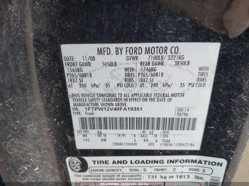 2009 Ford F-150 King Ranch/Lariat/Platinum/Xl/Xlt VIN: 1FTPW12V49FA19351 Lot: 41968985