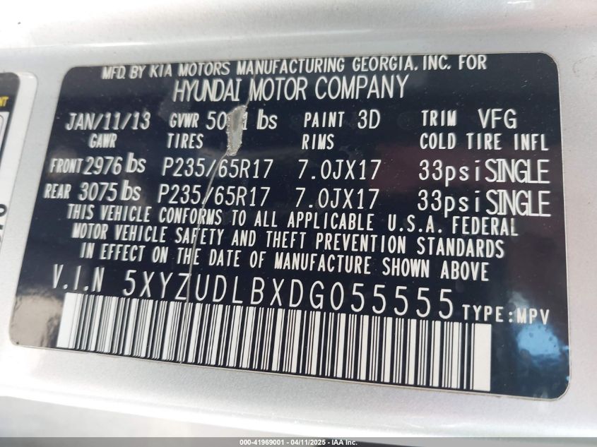 2013 Hyundai Santa Fe Sport VIN: 5XYZUDLBXDG055555 Lot: 41969001