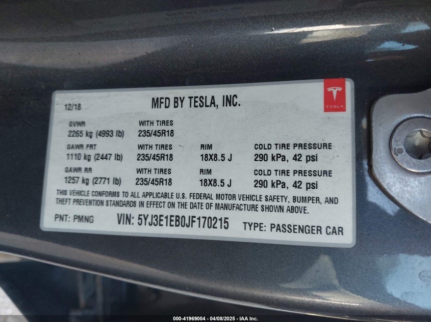2018 TESLA MODEL 3 LONG RANGE/PERFORMANCE - 5YJ3E1EB0JF170215
