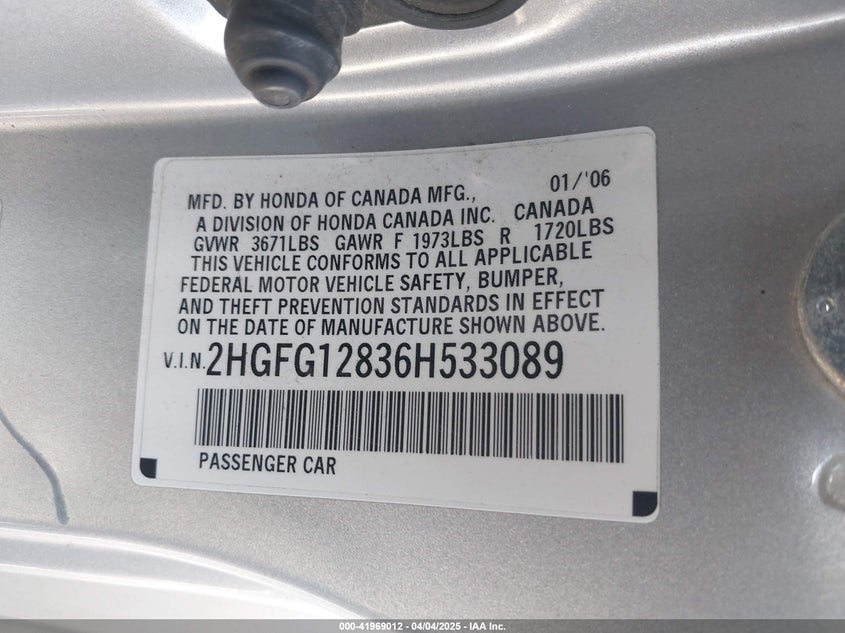 2006 HONDA CIVIC VIN: 2HGFG12836H533089