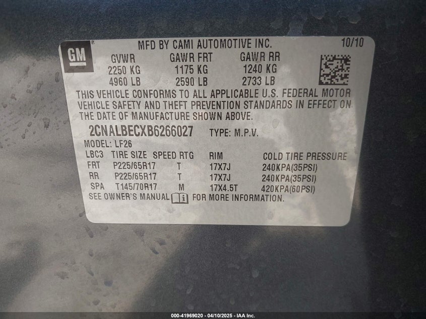 2011 CHEVROLET EQUINOX VIN: 2CNALBECXB6266027