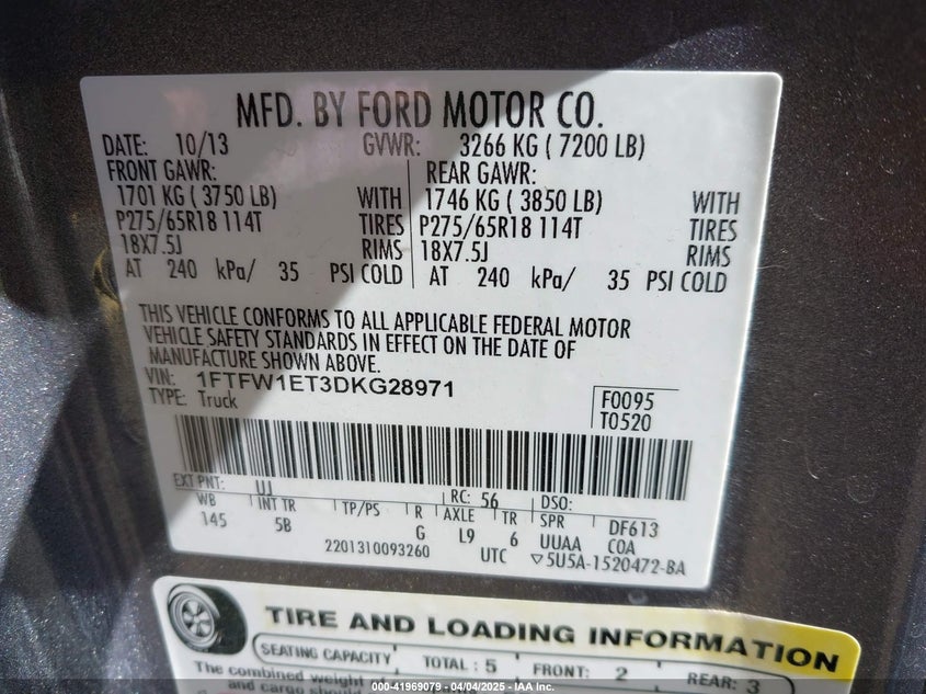 2013 FORD F-150 VIN: 1FTFW1ET3DKG28971