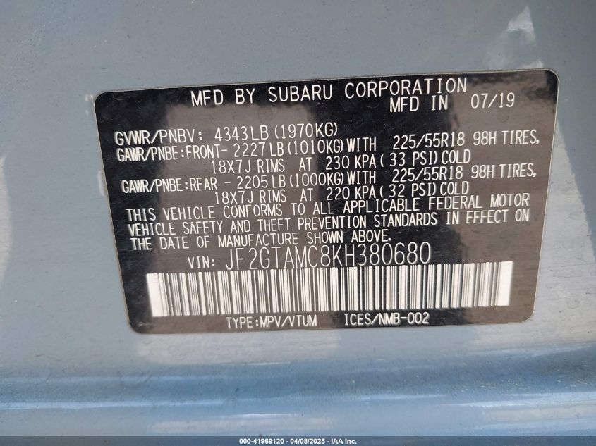 2019 Subaru Crosstrek 2.0I Limited VIN: JF2GTAMC5KH180680 Lot: 41969120