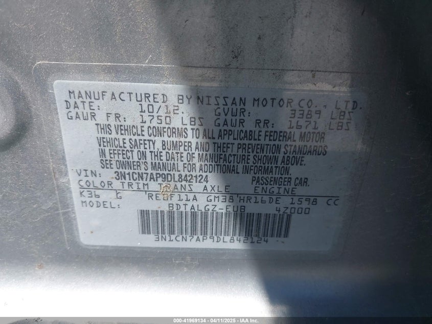 2013 NISSAN VERSA VIN: 3N1CN7AP9DL842124