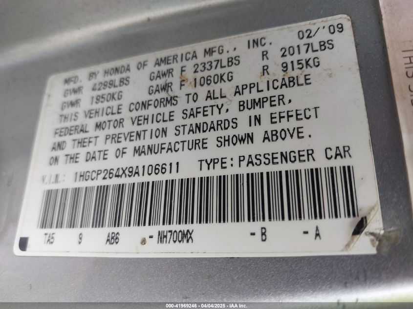 2009 Honda Accord 2.4 Lx-P VIN: 1HGCP264X9A106611 Lot: 41969246