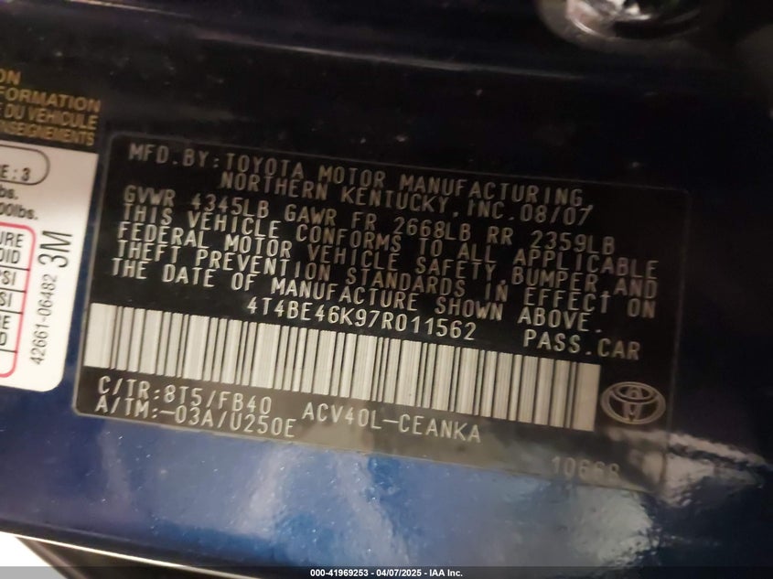 2007 TOYOTA CAMRY VIN: 4T4BE46K97R011562
