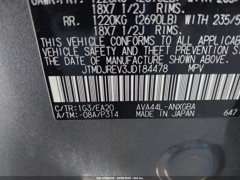 VIN JTMDJREV3JD184478 2018 TOYOTA RAV4 HYBRID LIMITED
