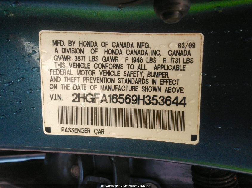 2009 Honda Civic Lx VIN: 2HGFA16569H353644 Lot: 41969316