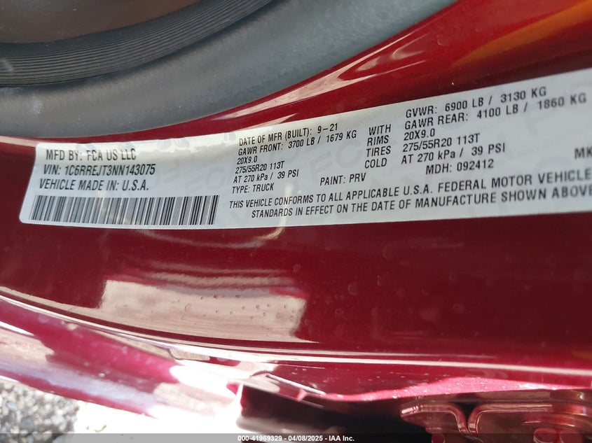 2022 RAM 1500 VIN: 1C6RREJT3NN143075