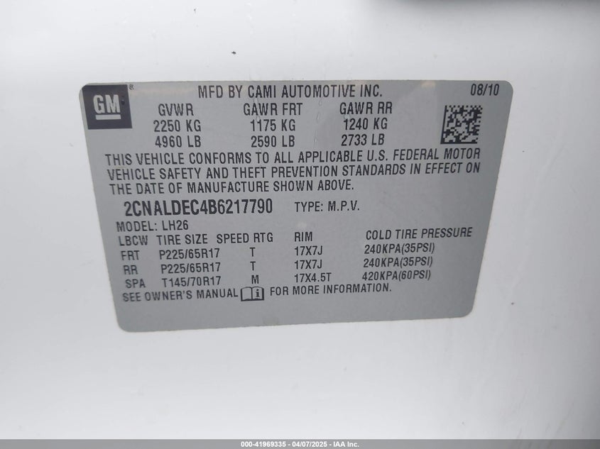 2011 Chevrolet Equinox 1Lt VIN: 2CNALDEC4B6217790 Lot: 41969335