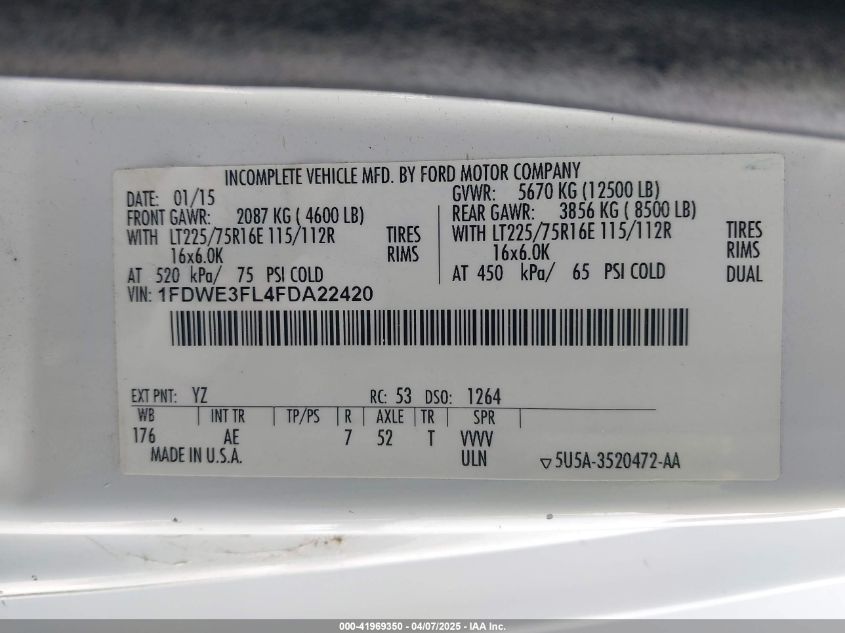 2015 Ford E-350 Cutaway VIN: 1FDWE3FL4FDA22420 Lot: 41969350