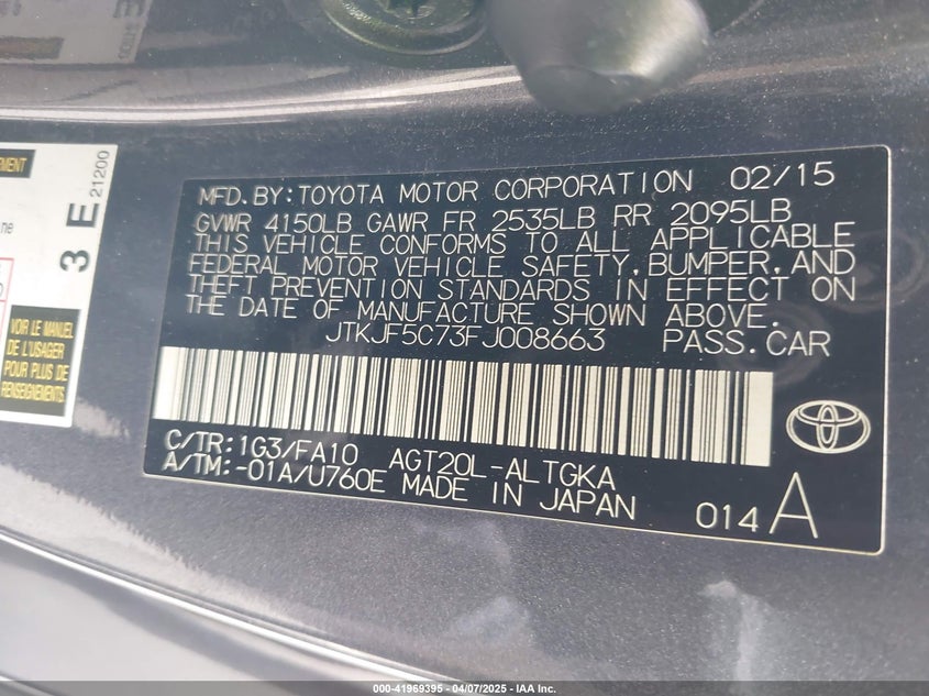 2015 SCION TC VIN: JTKJF5C73FJ008663