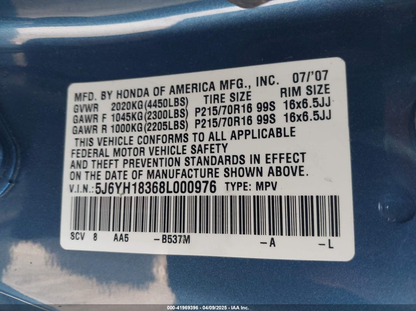 2008 HONDA ELEMENT VIN: 5J6YH18368L000976