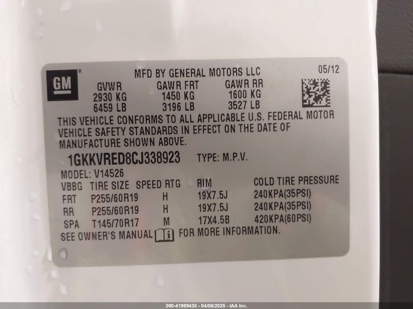 2012 GMC Acadia Slt-1 VIN: 1GKKVRED8CJ338923 Lot: 41969430