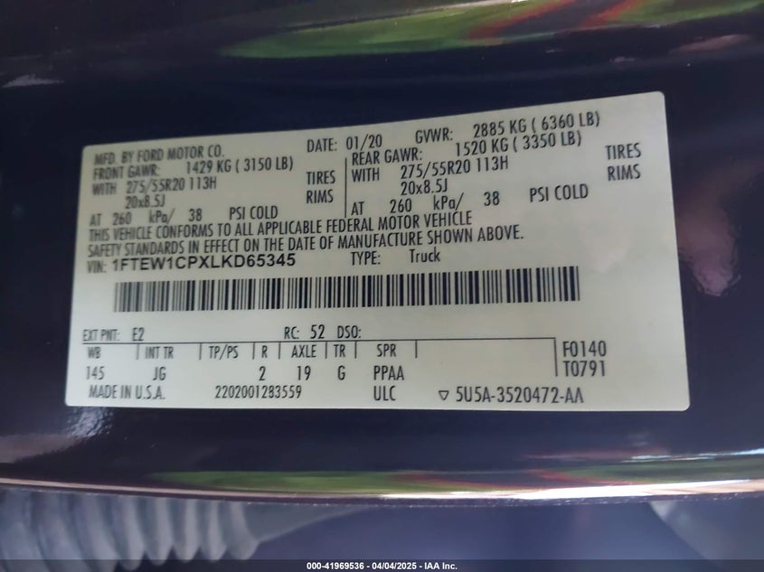 2020 FORD F150 VIN: 1FTEW1CPXLKD65345