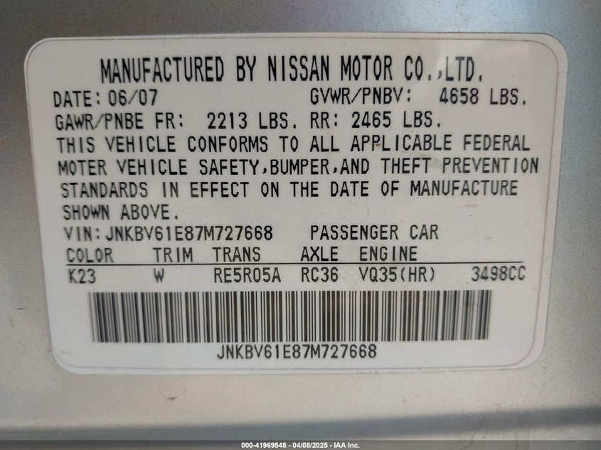 2007 INFINITI G35 VIN: JNKBV61E87M727668