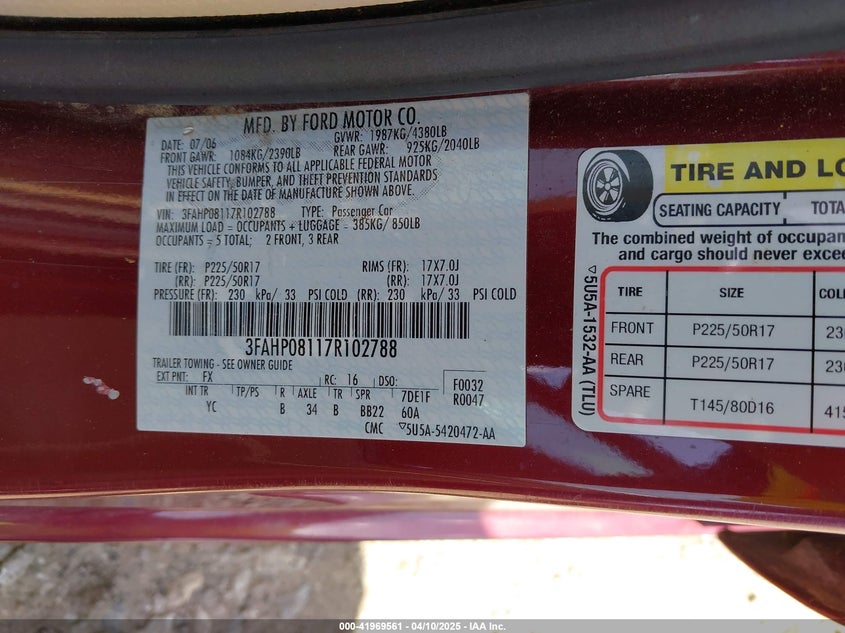 2007 FORD FUSION VIN: 3FAHP08117R102788