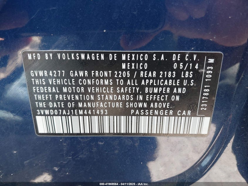 2014 VOLKSWAGEN JETTA VIN: 3VWD07AJ1EM441493