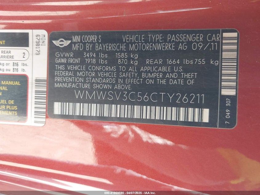 2012 MINI COOPER S VIN: WMWSV3C56CTY26211