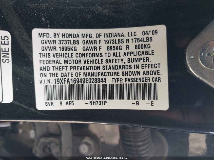 2009 HONDA CIVIC VIN: 19XFA16949E028844