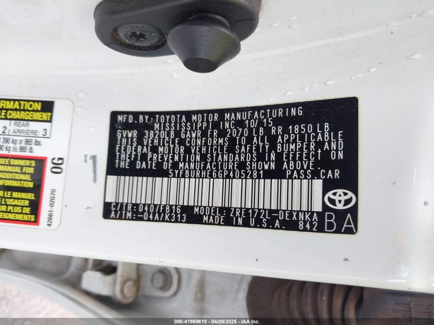 2016 Toyota Corolla Le VIN: 5YFBURHE6GP405281 Lot: 41969619