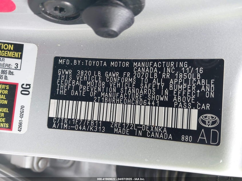 2017 TOYOTA COROLLA VIN: 2T1BURHE0HC806441